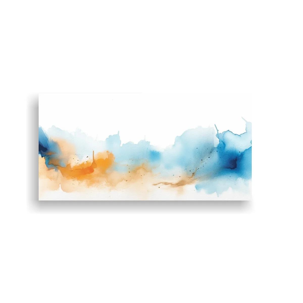 Cuadro mancha abstracta en acuarela con franja azul y coral