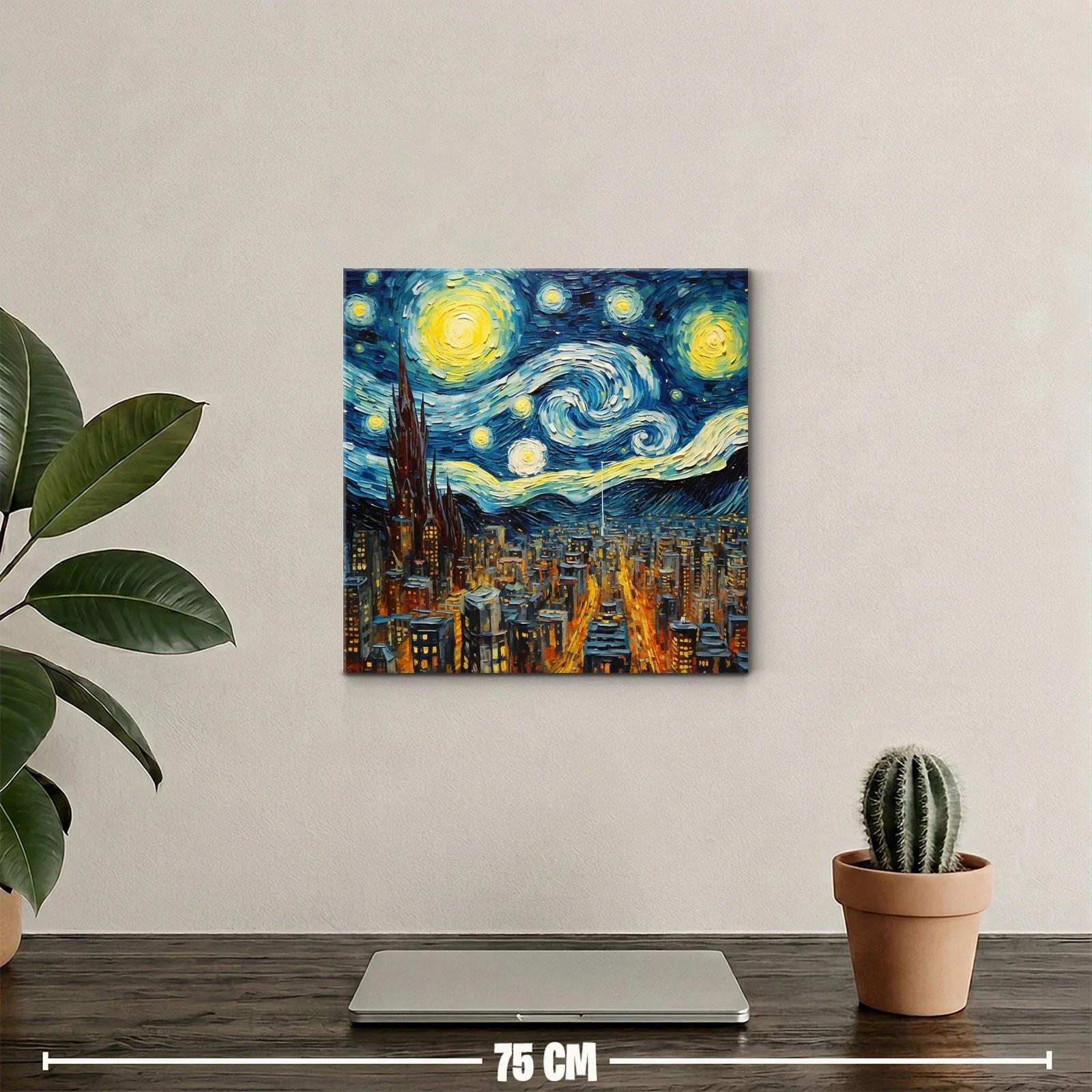 Noche estrellada sobre ciudad iluminada y cielo turbulento — miniatura 2