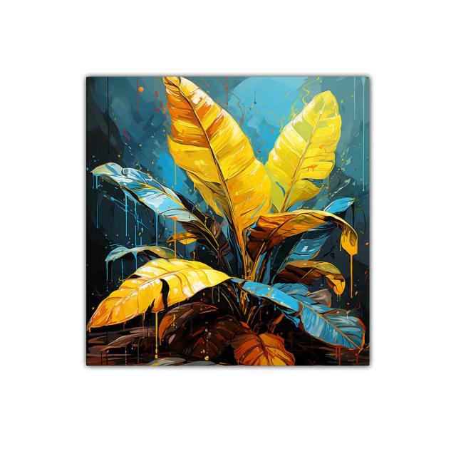 Cuadro decorativo con hojas vibrantes en tonos cálidos y fríos