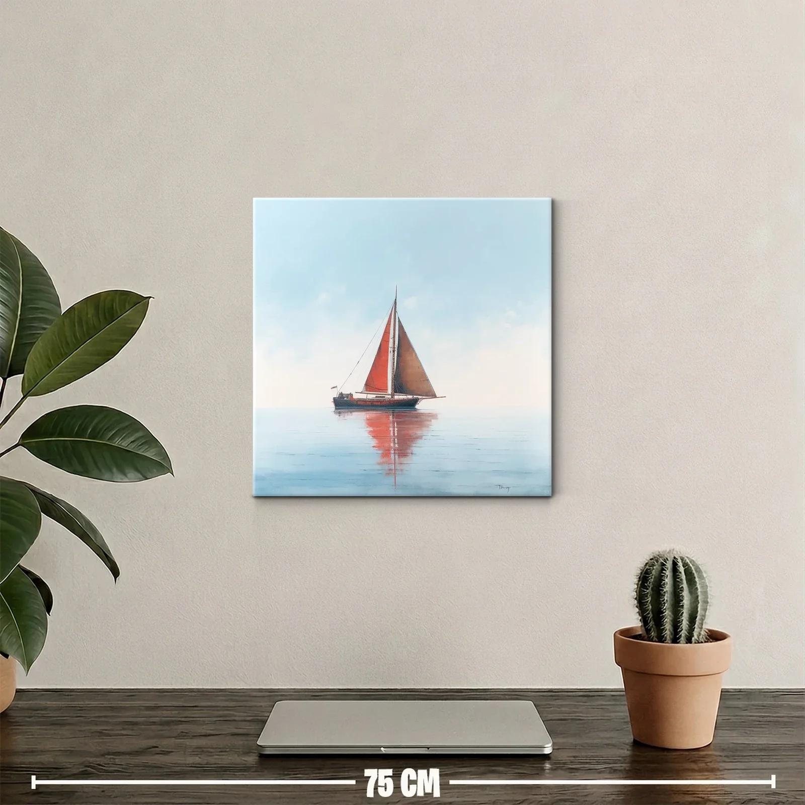 Velero con vela roja en mar tranquilo y cielo claro — miniatura 2
