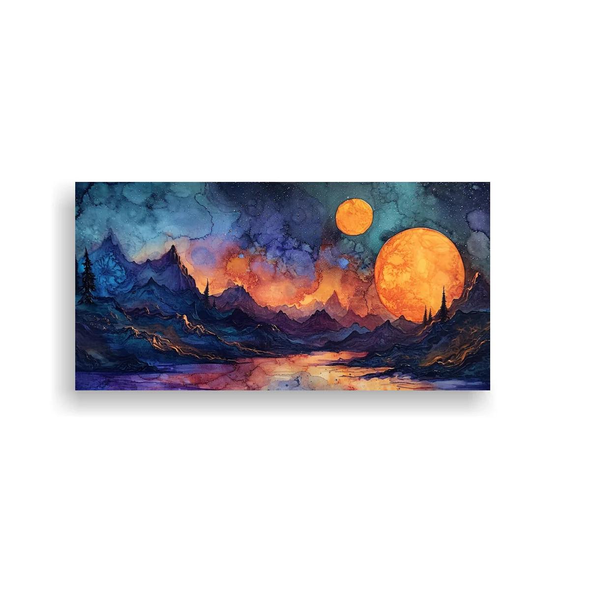 Cuadro paisaje de montaña con luna naranja y reflejo de agua
