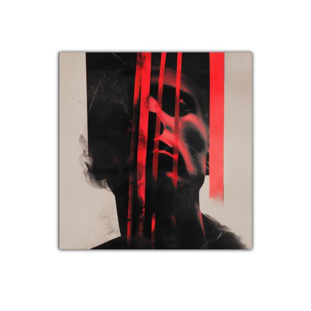 Retrato abstracto con líneas rojas intensas y sombras dramáticas