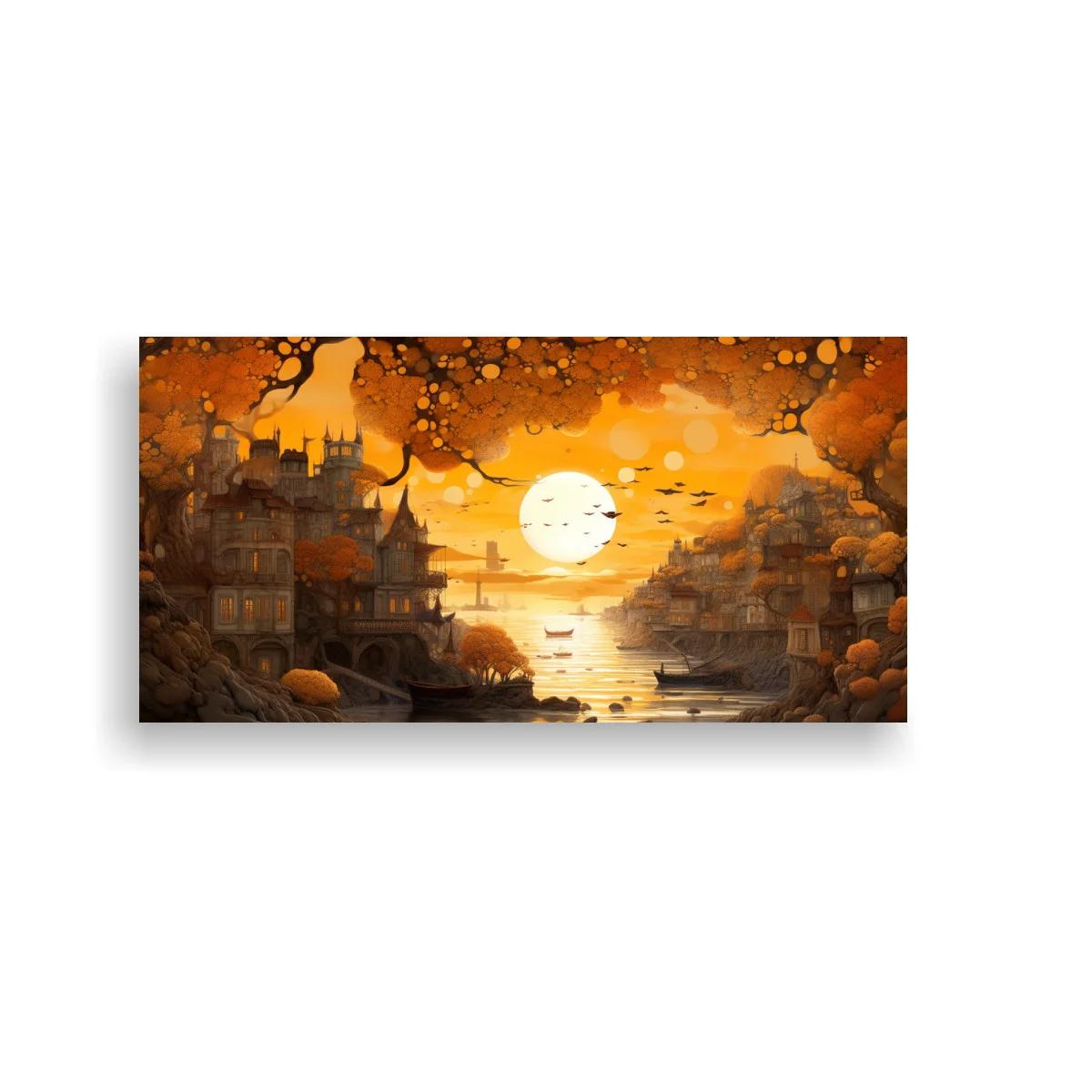 Cuadro ciudad fantástica junto al agua con gran sol