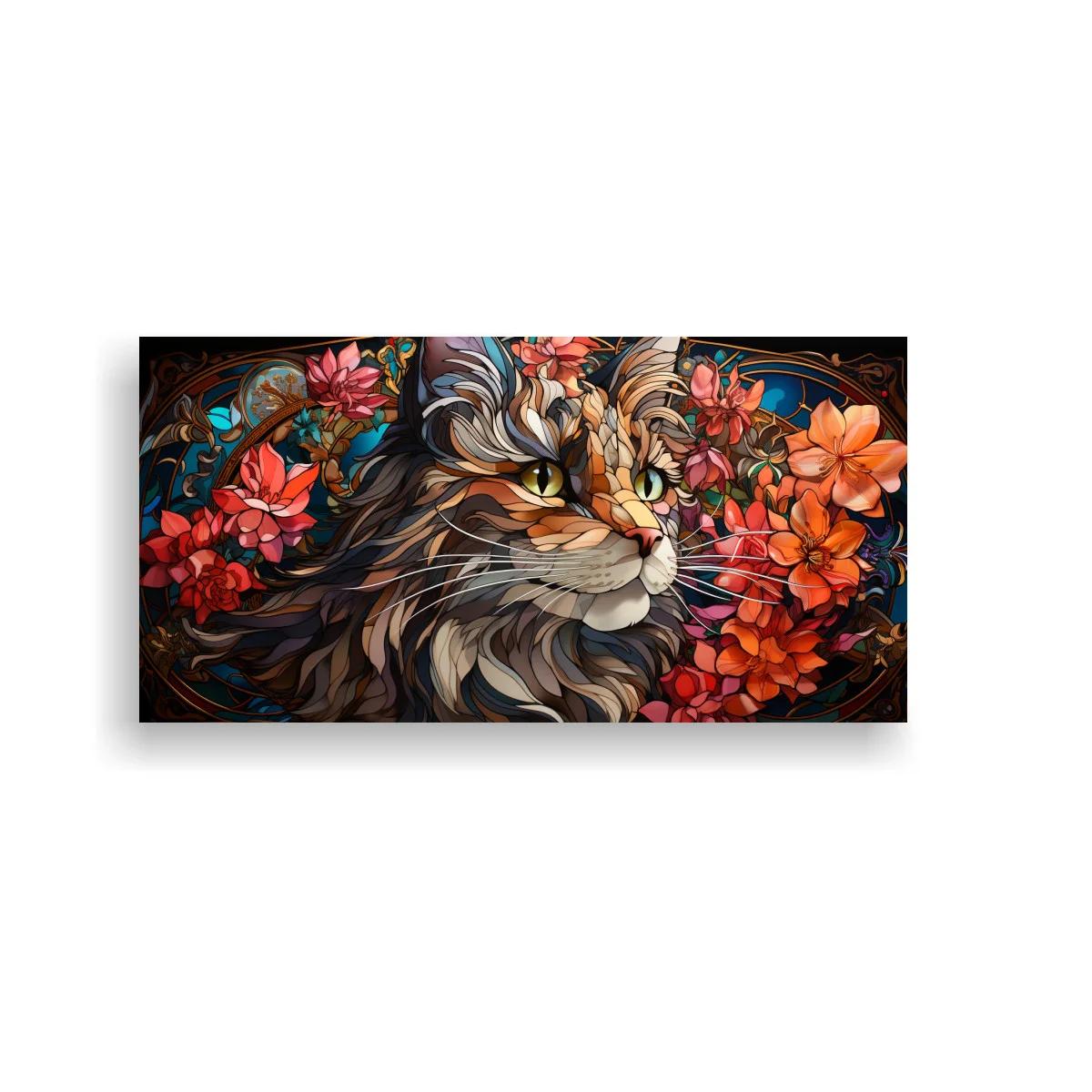 Cuadro gato de pelo largo entre flores y líneas curvas