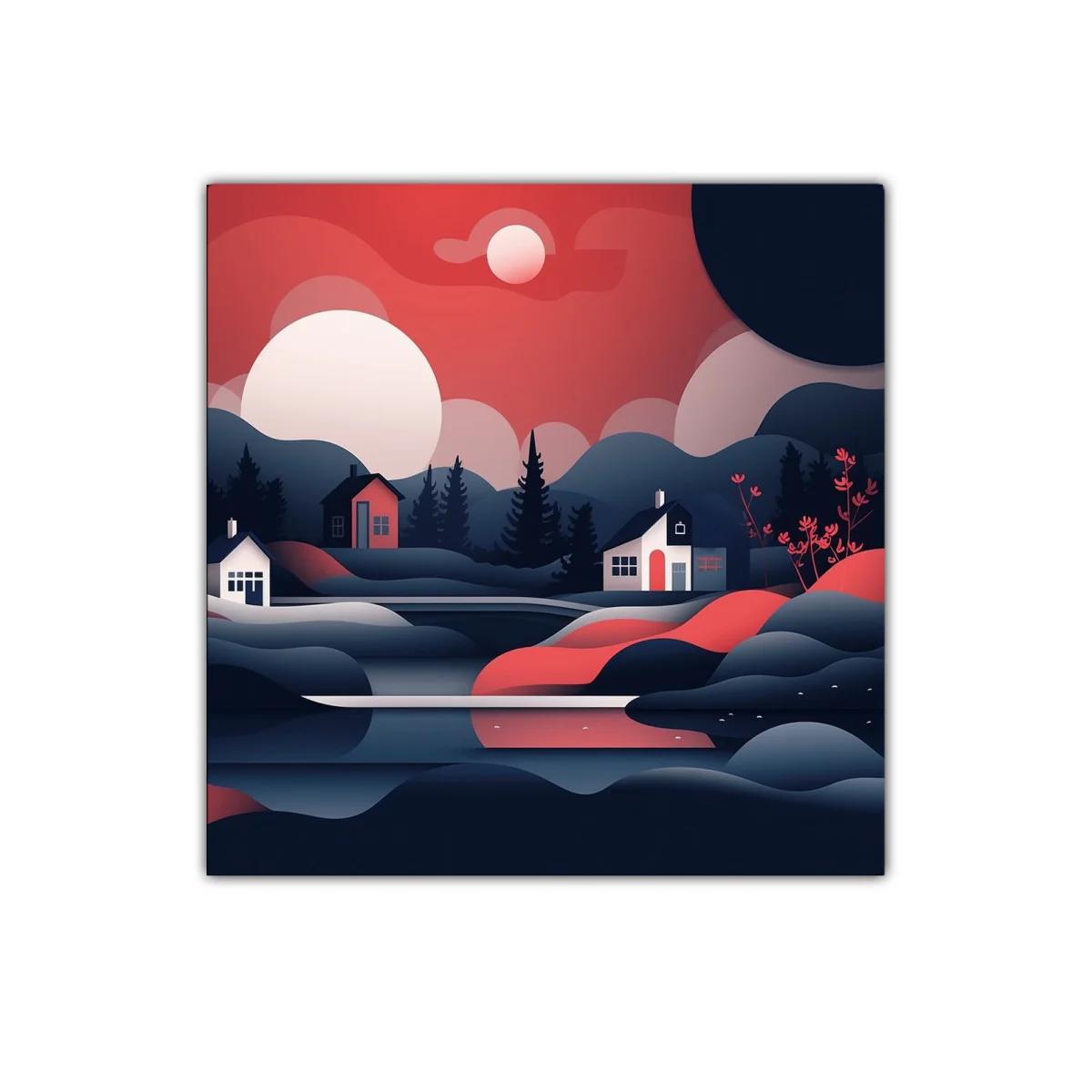 Paisaje nocturno con casas y montañas en tonos rojos y azules — imagen principal