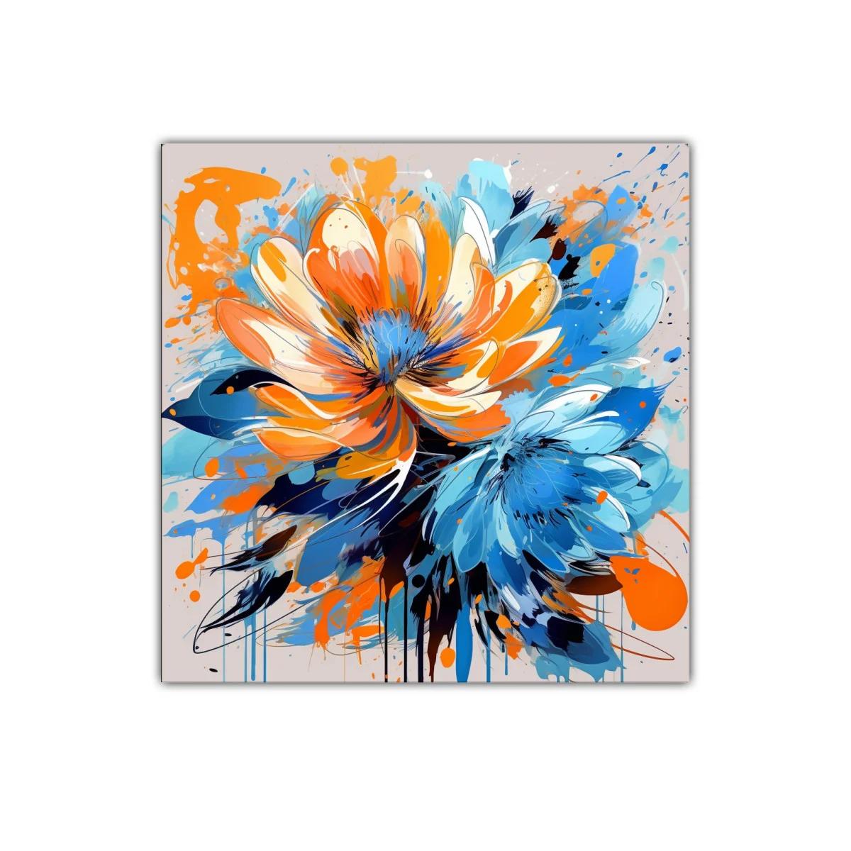 Cuadro vibrante con flores en tonos azul y naranja