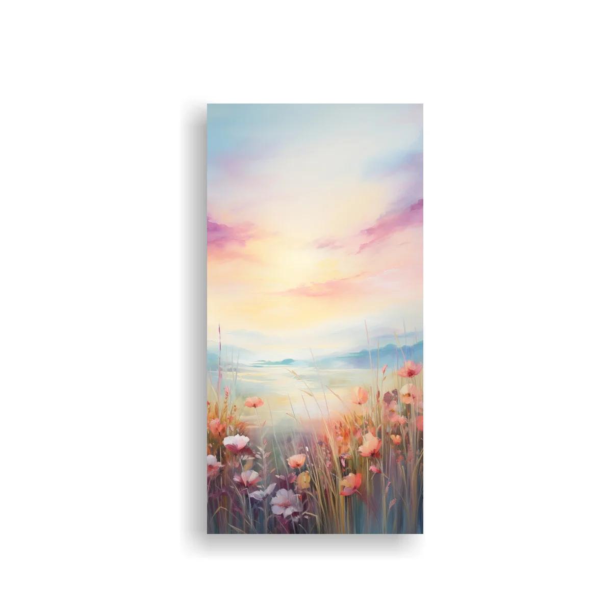 Cuadro campo de amapolas junto al agua y cielo pastel