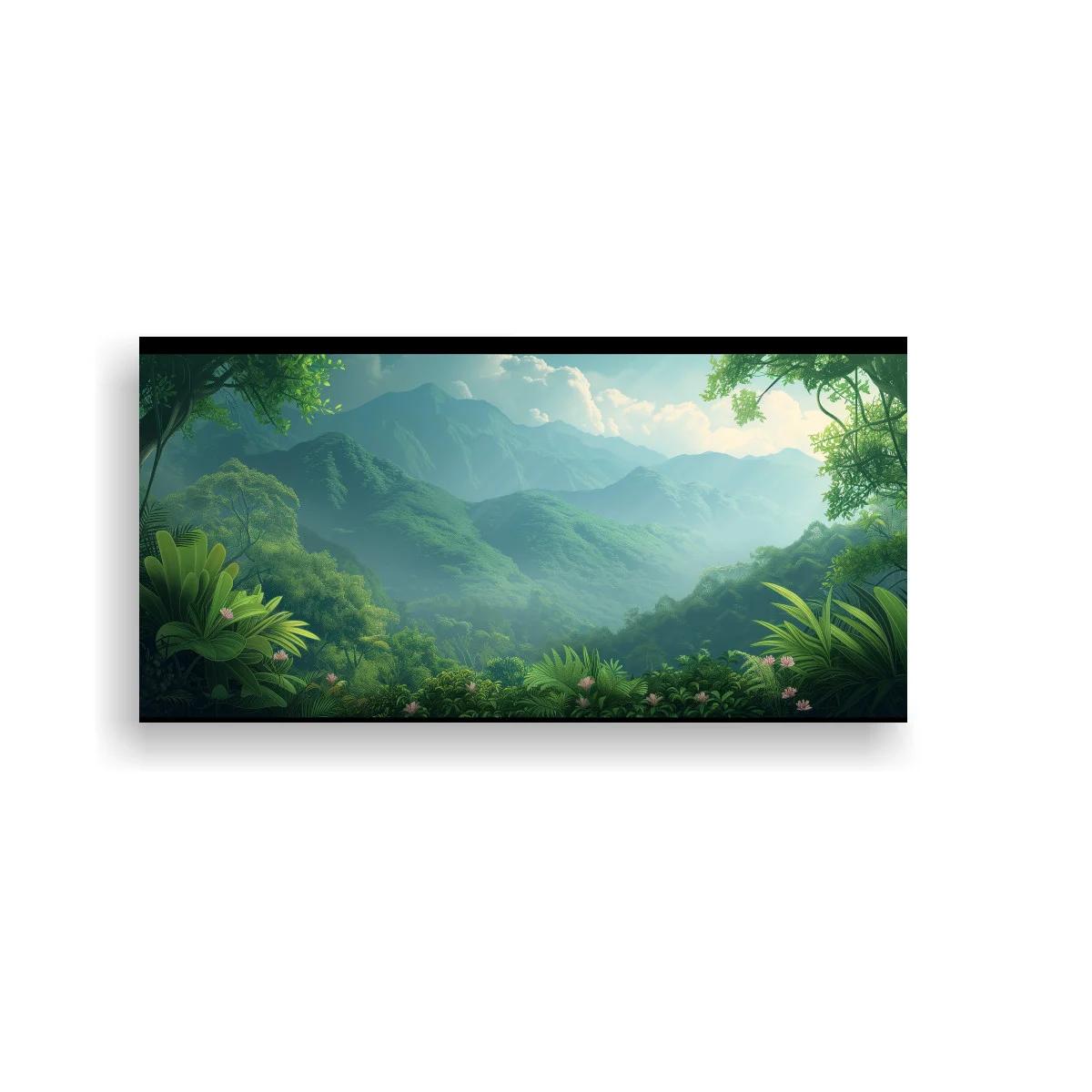 Cuadro selva tropical con montañas y helechos