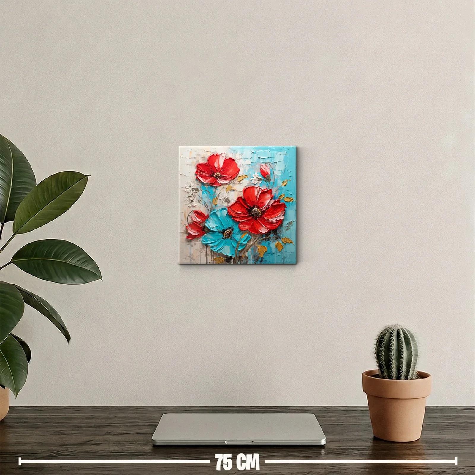 Cuadro decorativo con flores vibrantes en rojo y azul turquesa — miniatura 2