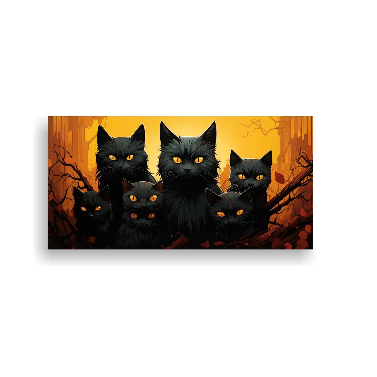 Cuadro grupo de gatos negros con ojos amarillos y fondo anaranjado — imagen principal