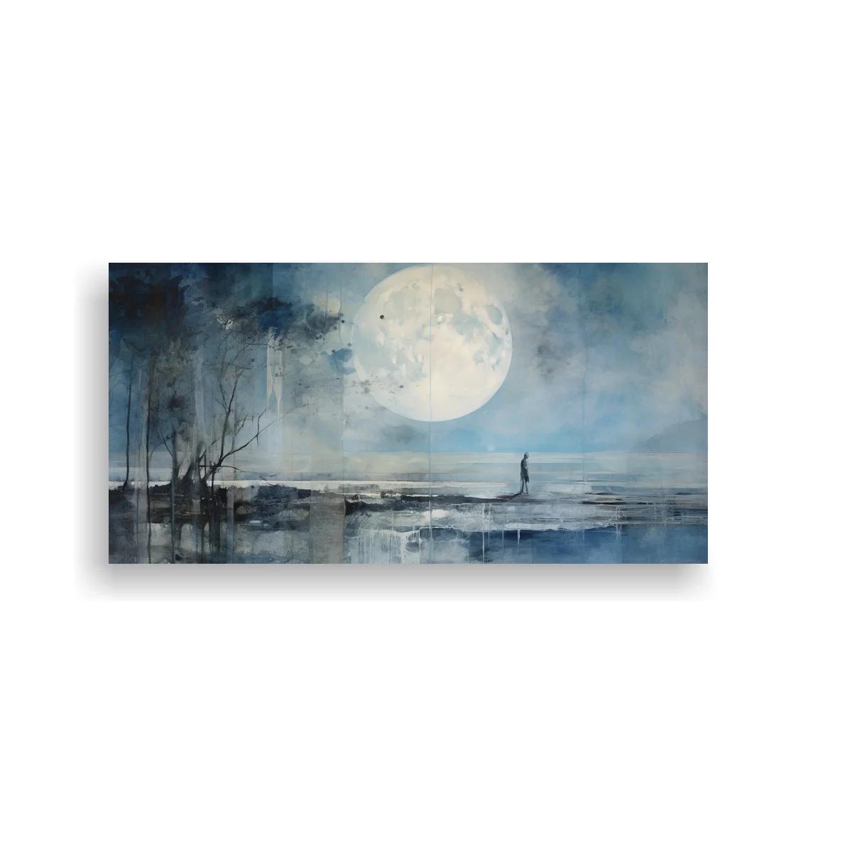 Cuadro luna llena sobre el mar con árboles delgados