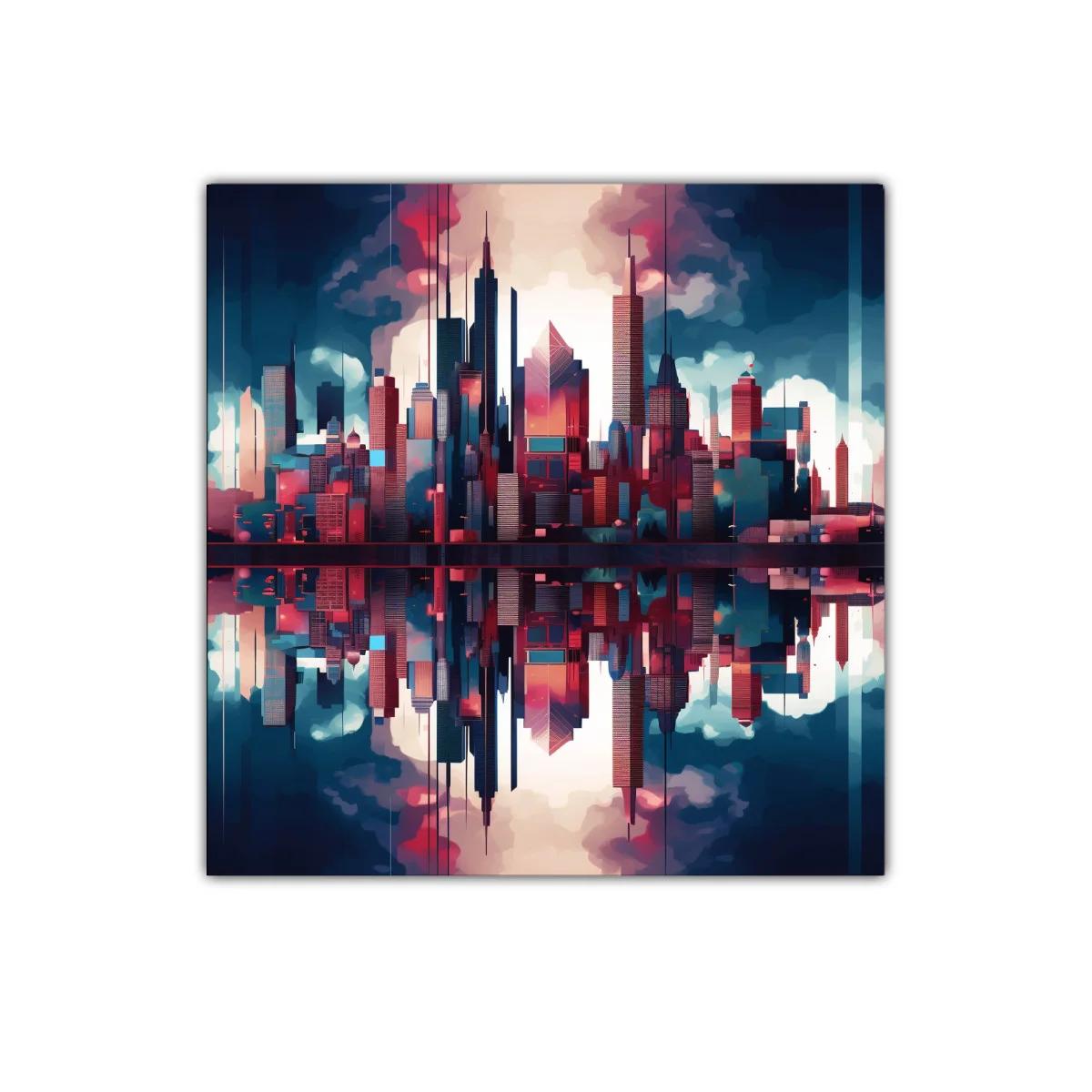 Paisaje urbano reflejado con colores intensos y vibrantes