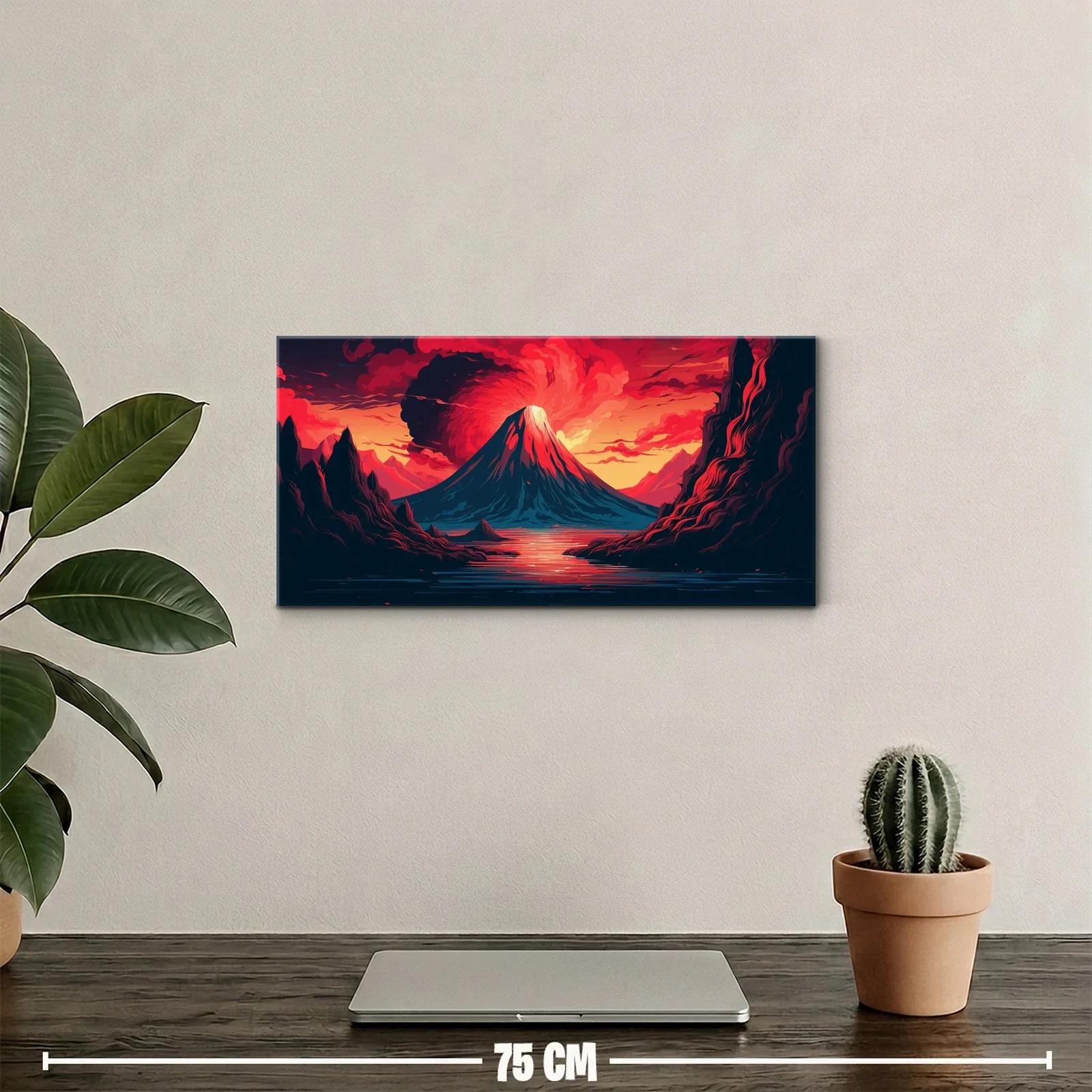 Cuadro volcán en erupción con lago y brillo de lava — miniatura 2