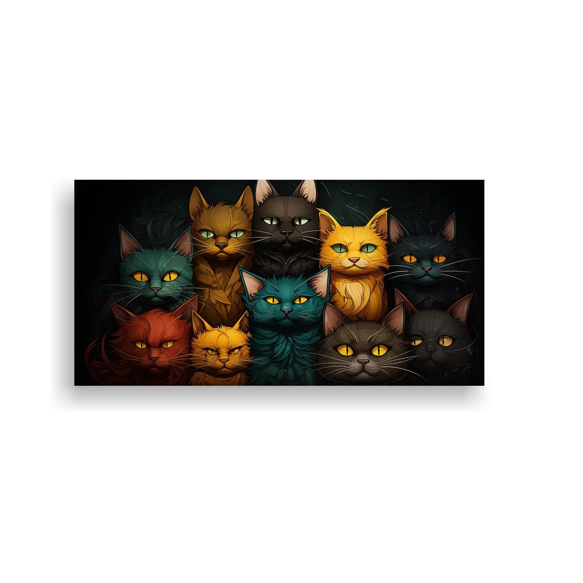 Cuadro grupo de gatos con rostros superpuestos y ojos brillantes
