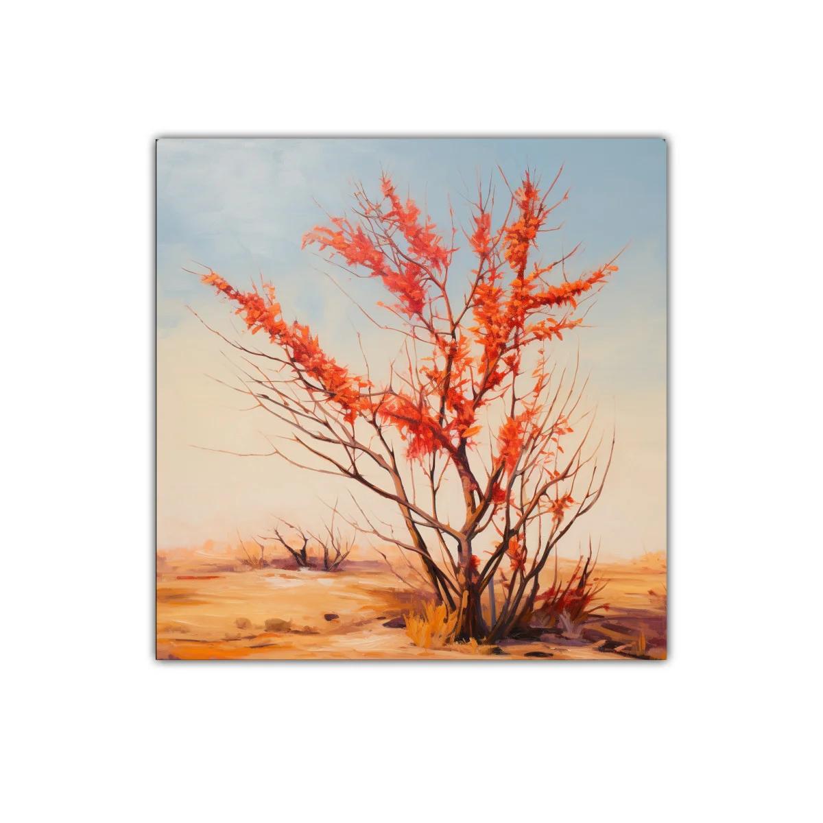 Árbol otoñal con hojas rojas sobre paisaje cálido — imagen principal