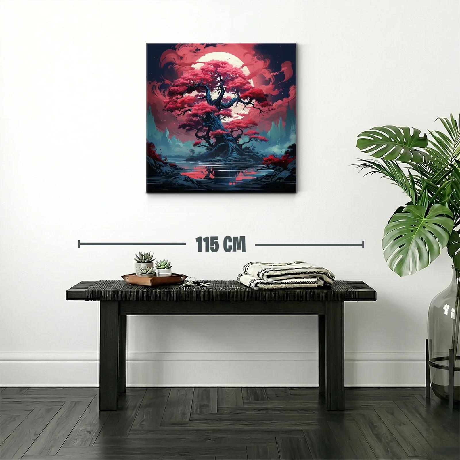 Árbol mágico con hojas rojas bajo luna llena brillante — miniatura 2