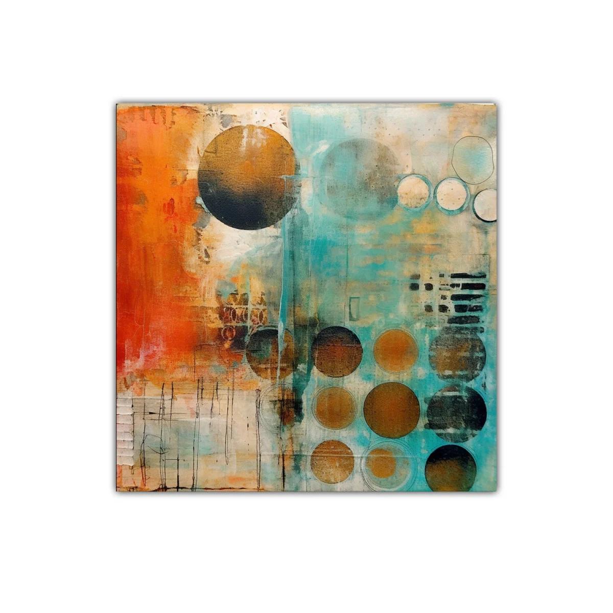 Cuadro abstracto con círculos en tonos cálidos y turquesa