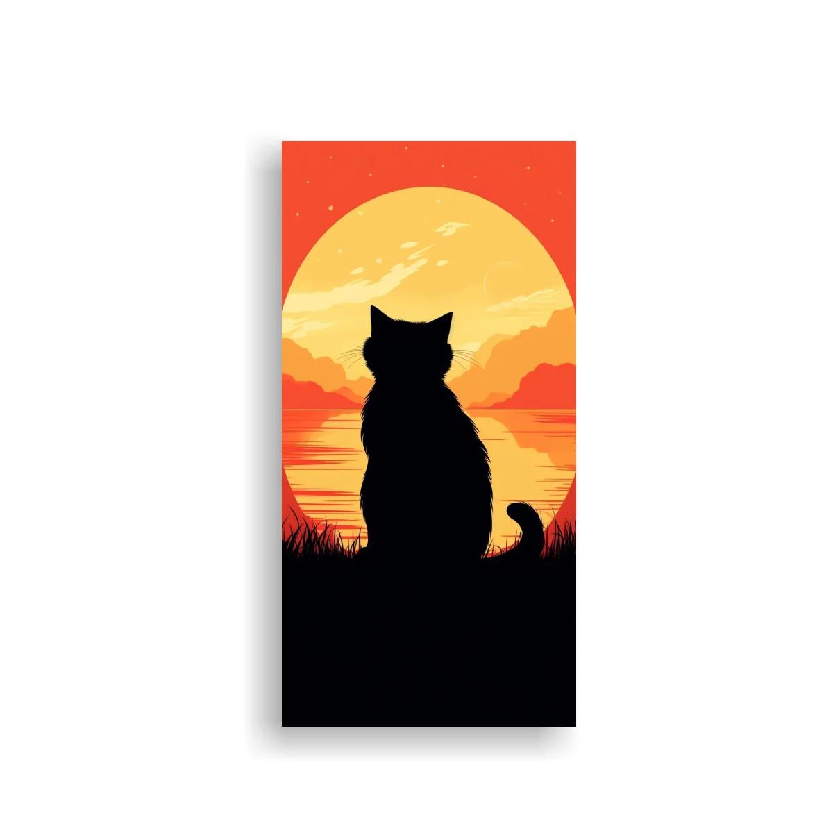 Cuadro gato negro al atardecer junto al lago