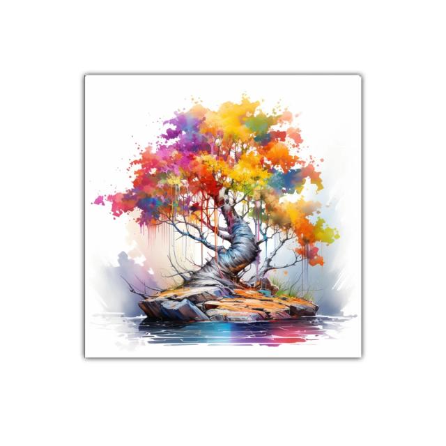 Árbol colorido en isla rodeada de agua vibrante