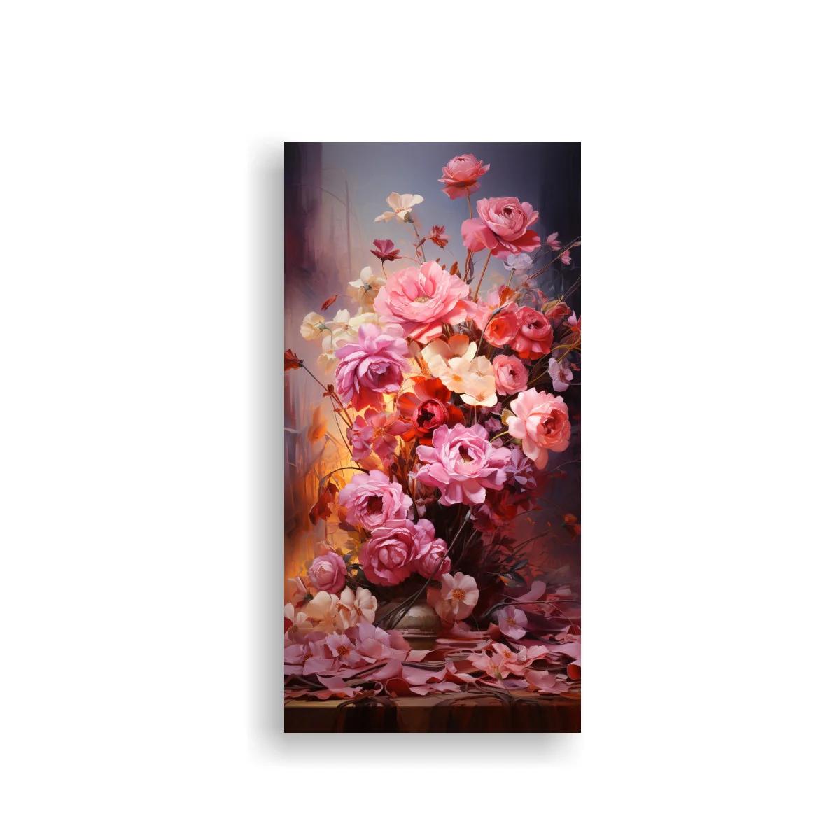 Cuadro ramo de rosas rosadas y flores claras con pétalos caídos