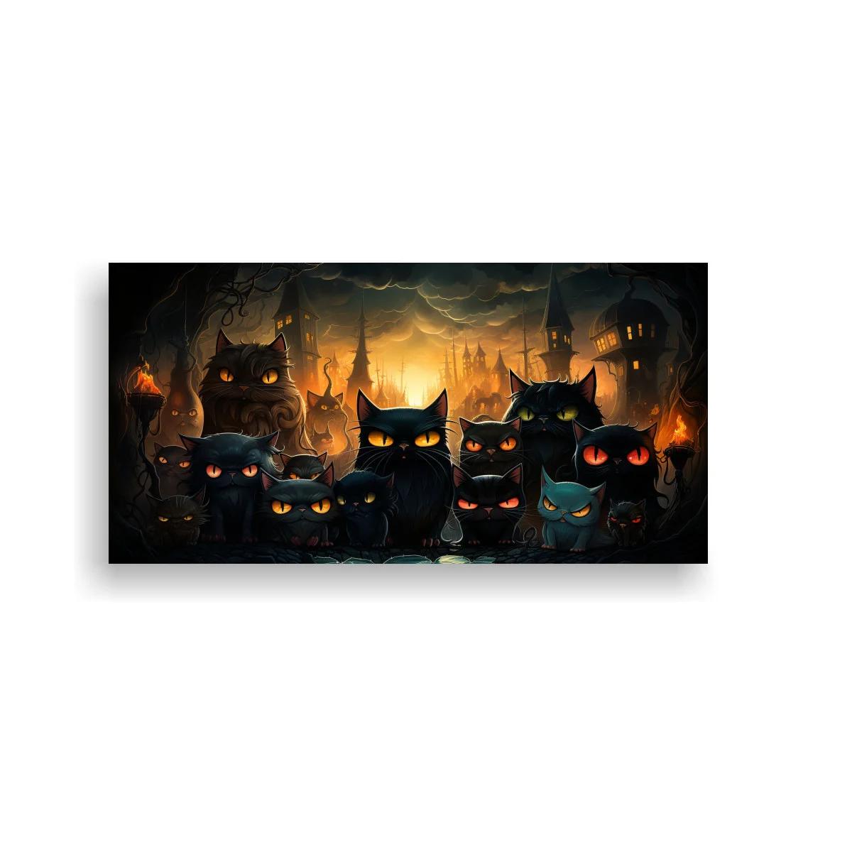 Cuadro grupo de gatos negros con ojos brillantes y luces de fuego