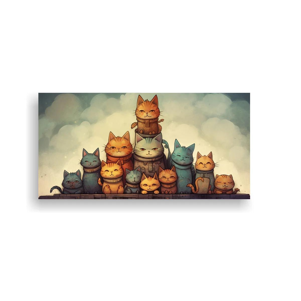 Cuadro grupo de gatos apilados con fondo nuboso — imagen principal