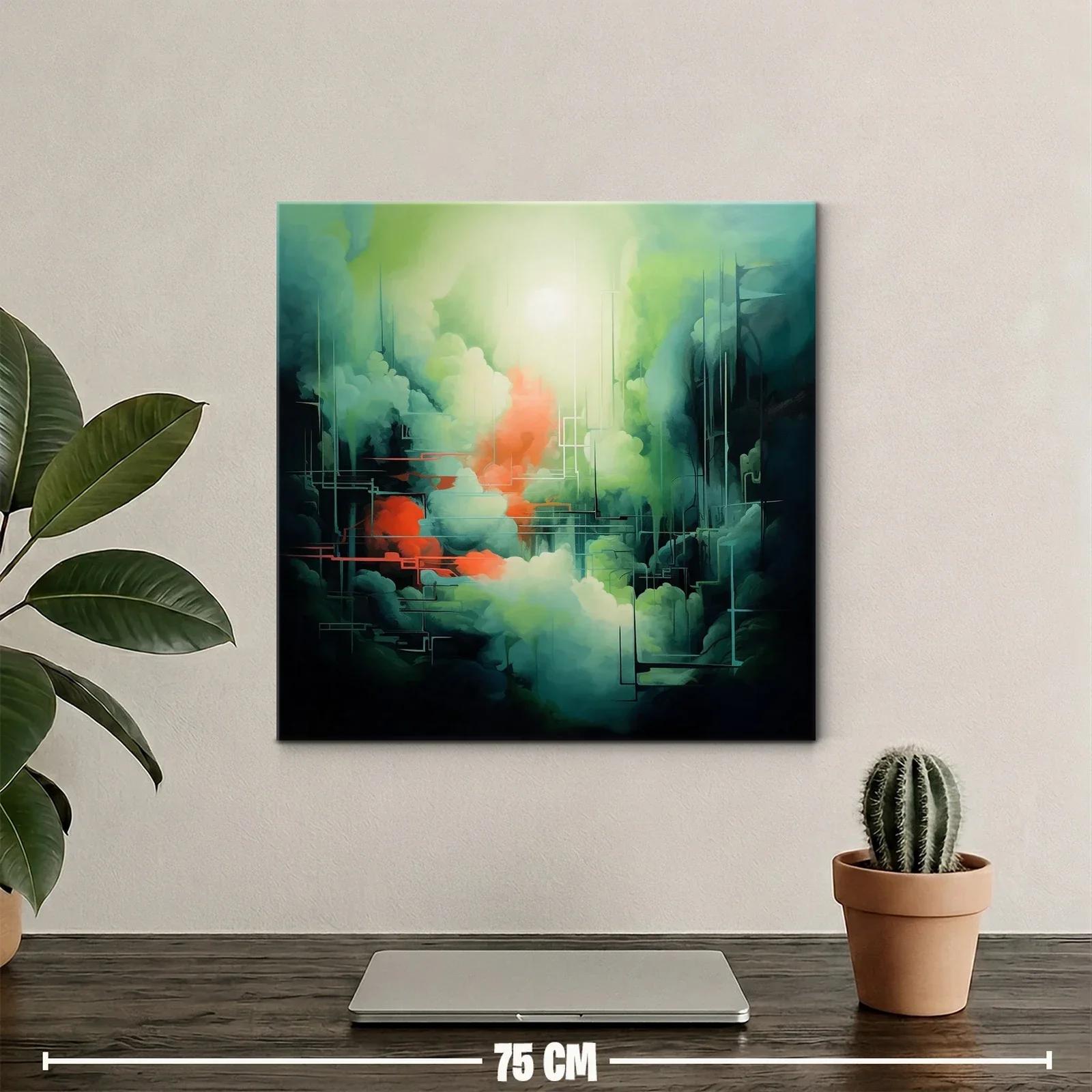 Cuadro abstracto con tonos verdes y toques cálidos vibrantes — miniatura 2