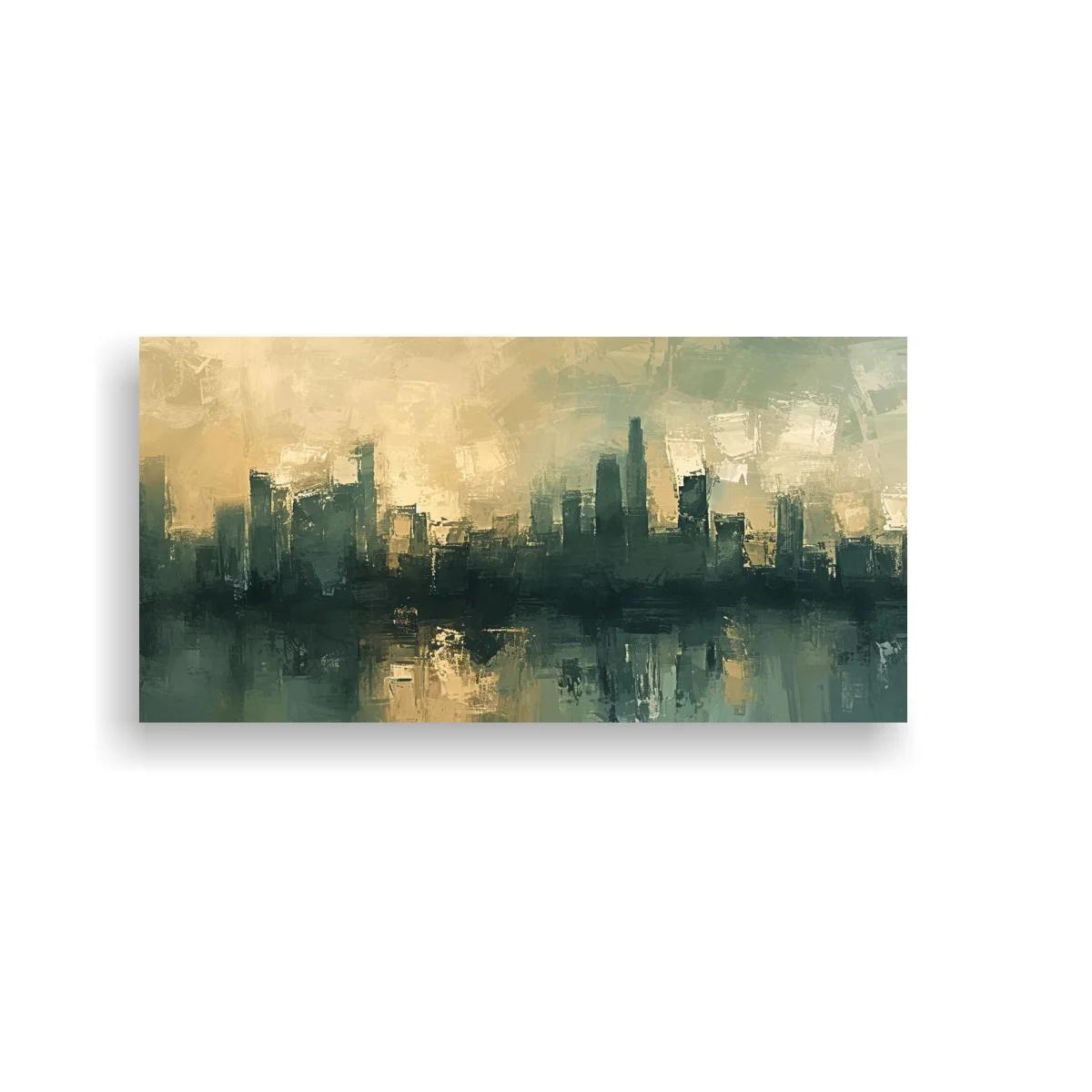 Cuadro skyline urbano junto al agua con reflejos y cielo suave