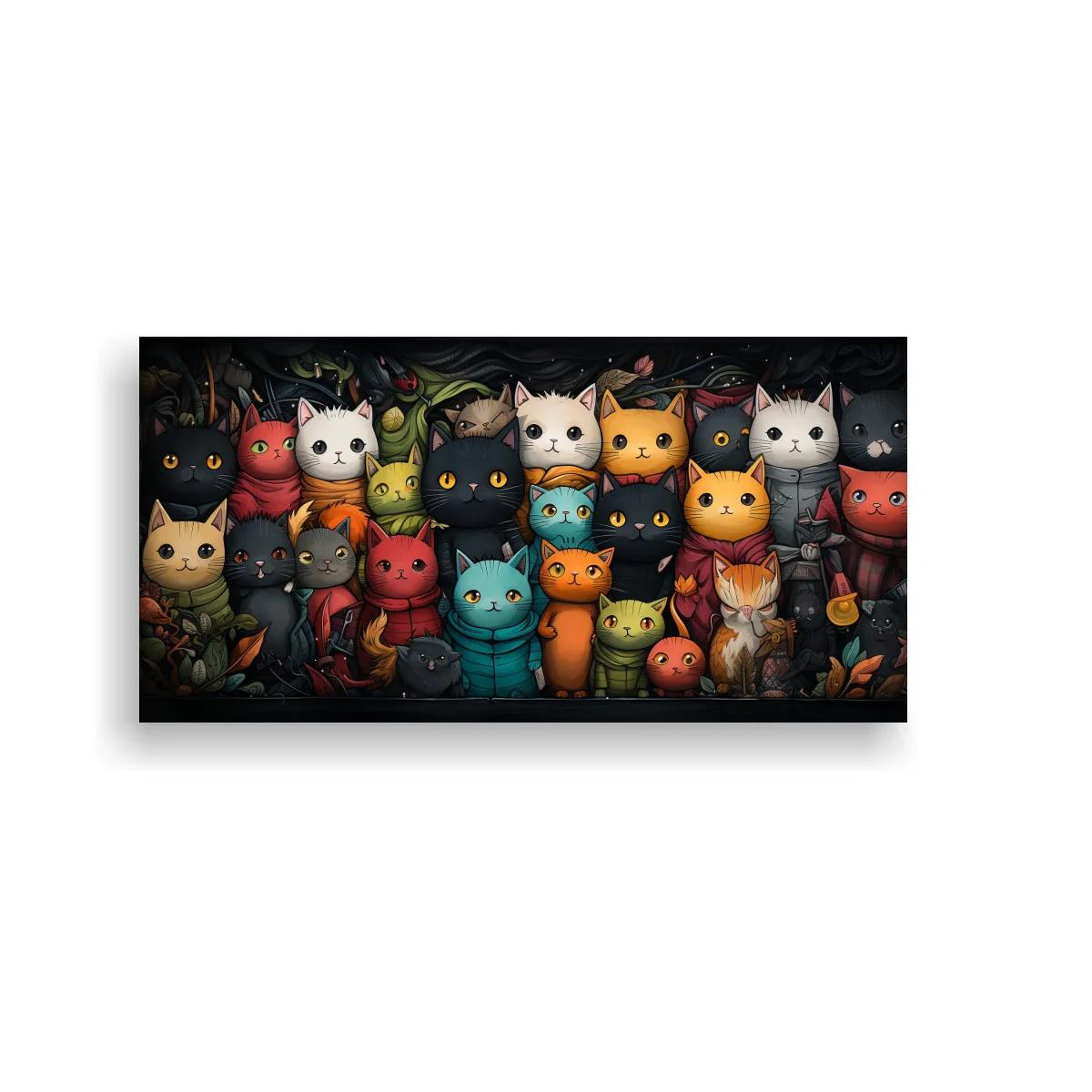 Cuadro grupo de gatos de colores entre vegetación oscura