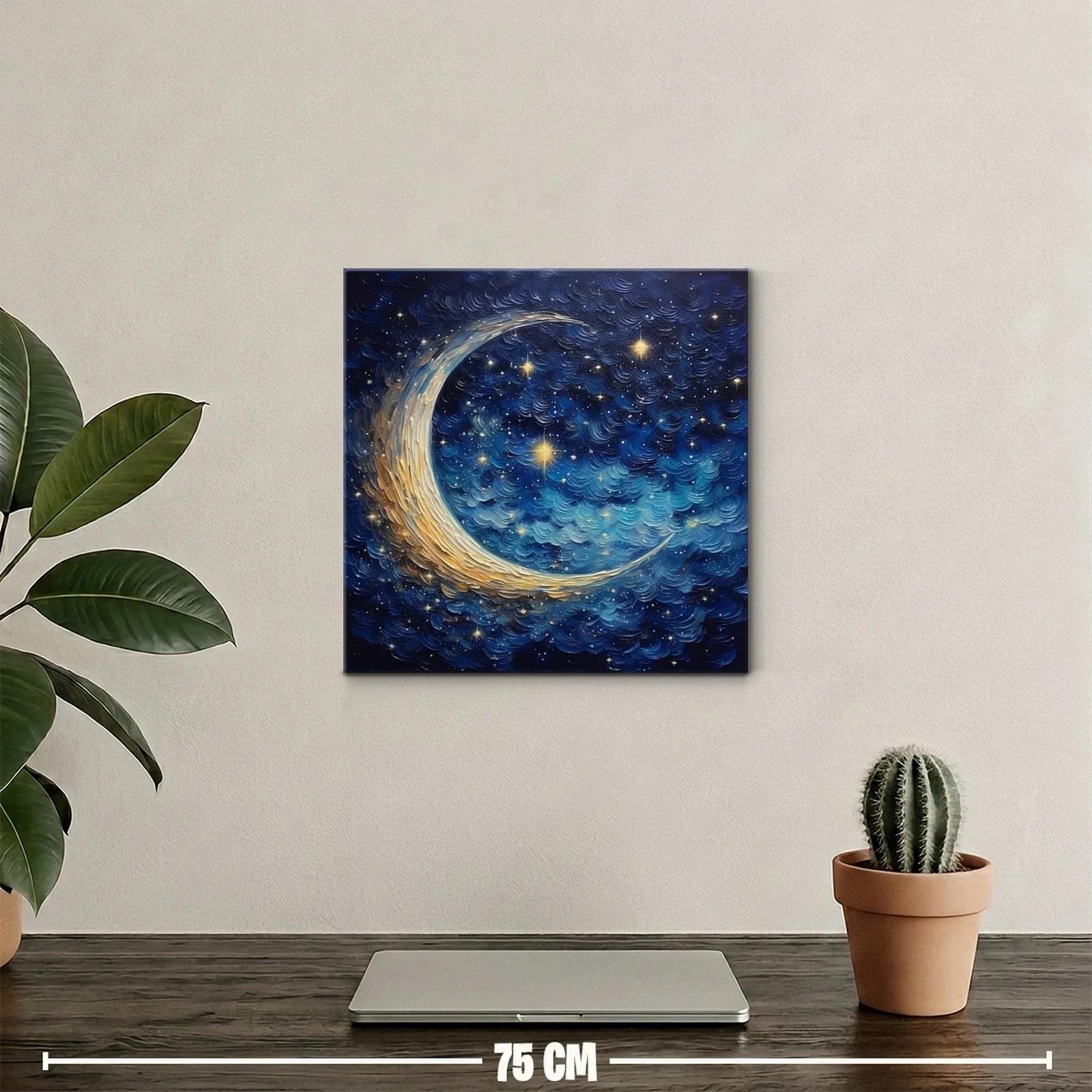 Cielo estrellado con luna creciente en tonos azul y dorado — miniatura 2