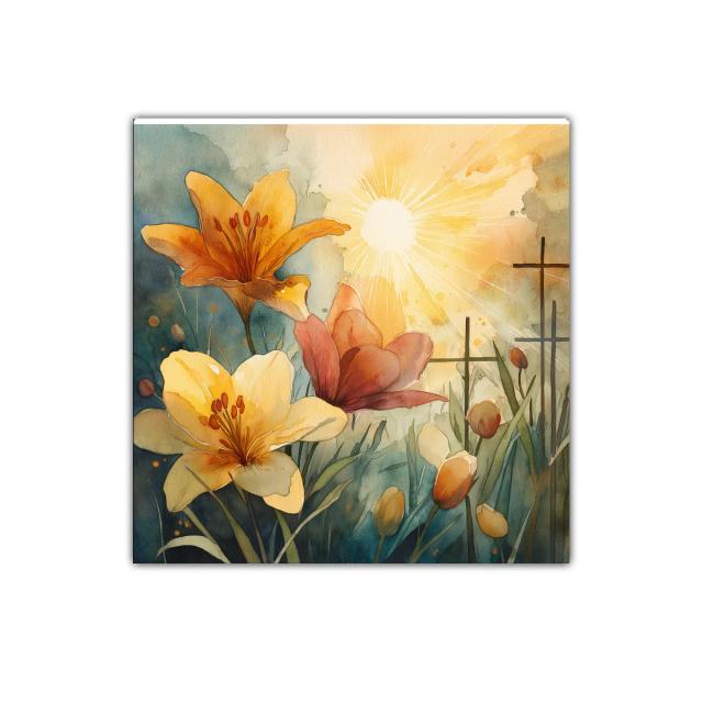 Cuadro decorativo con lirios en tonos cálidos y sol radiante