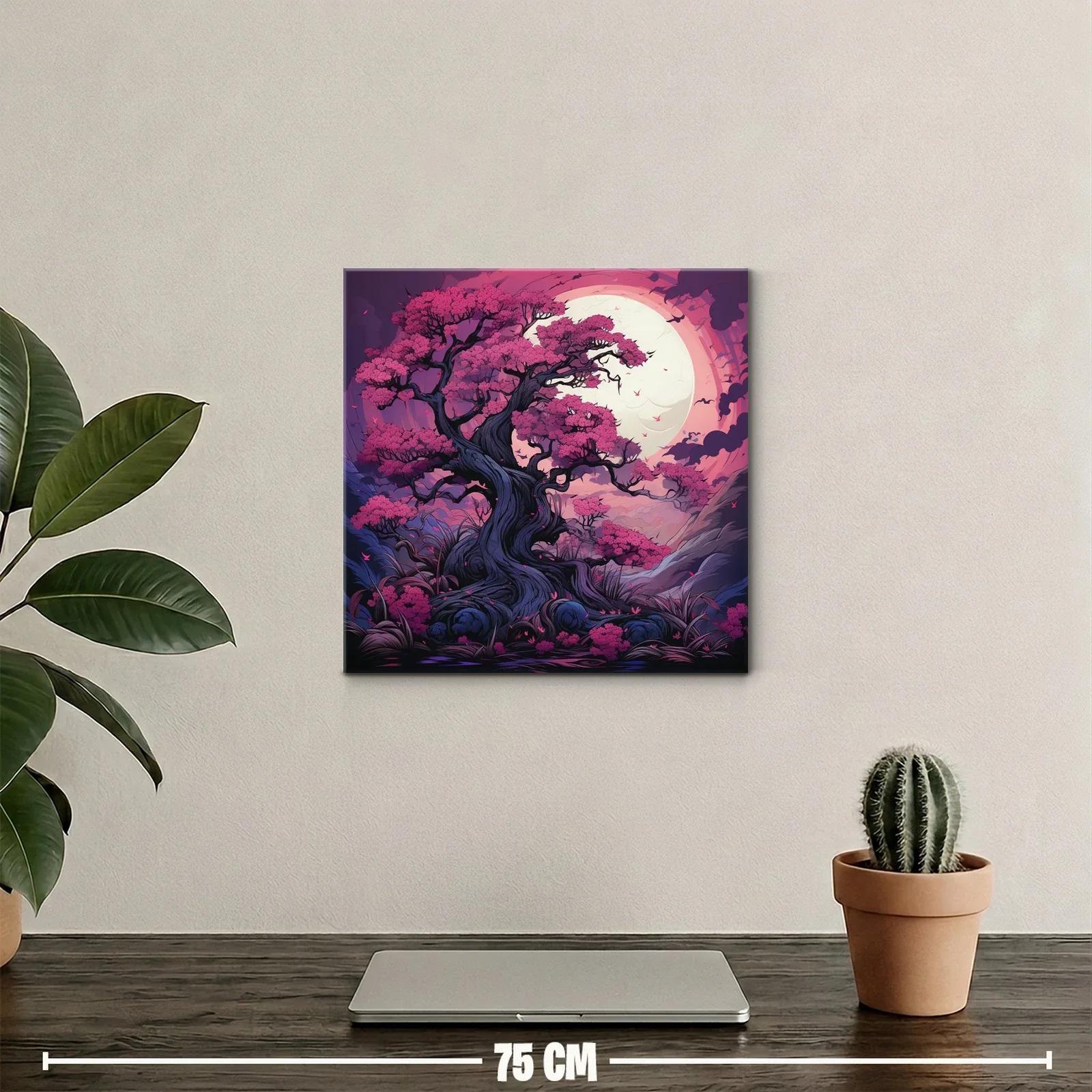 Árbol floreciente bajo luna llena en tonos vibrantes — miniatura 2