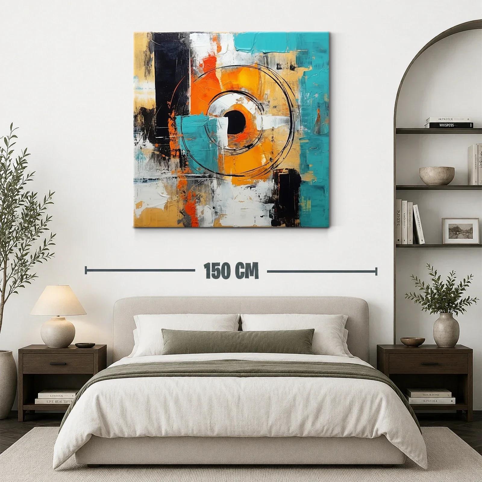 Cuadro abstracto con círculos y tonos vibrantes en azul y naranja — miniatura 3