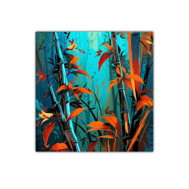 Cuadro vibrante con bambú y hojas en tonos turquesa y naranja