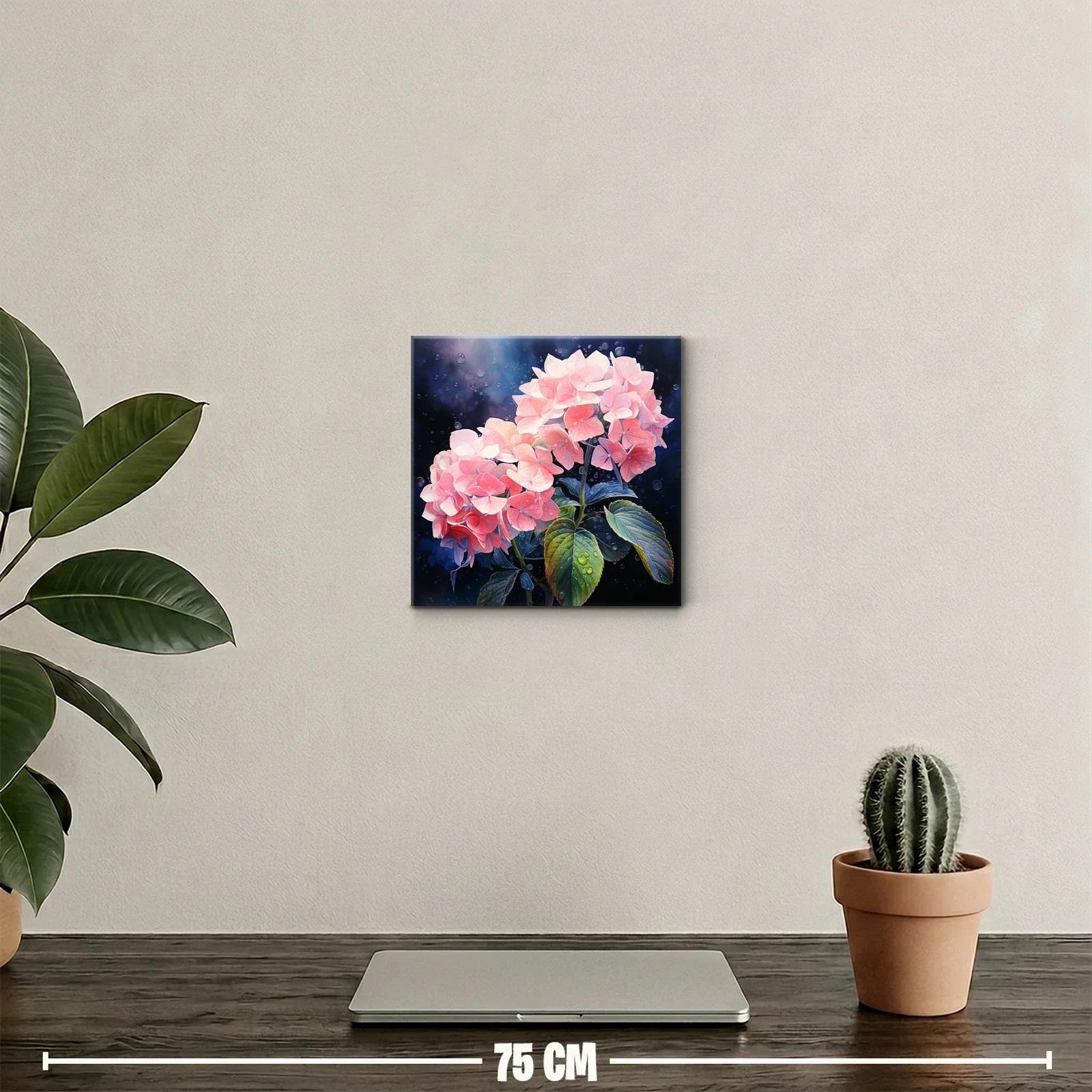 Cuadro decorativo con flores rosa y hojas verdes sobre fondo azul oscuro — miniatura 2