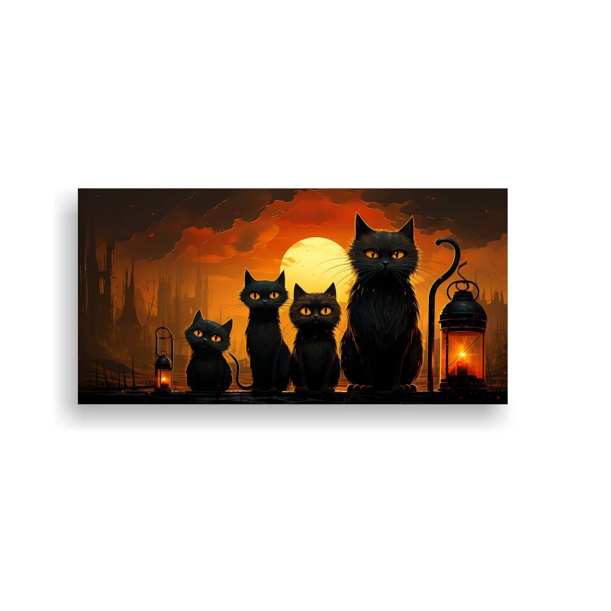 Cuadro cuatro gatos negros frente a un gran disco luminoso — imagen principal