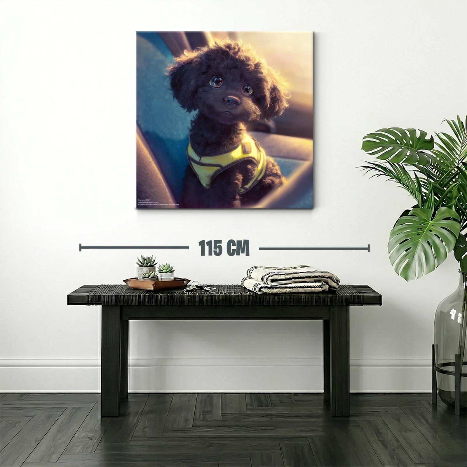 Tierno perro negro con arnés amarillo al atardecer — miniatura 2