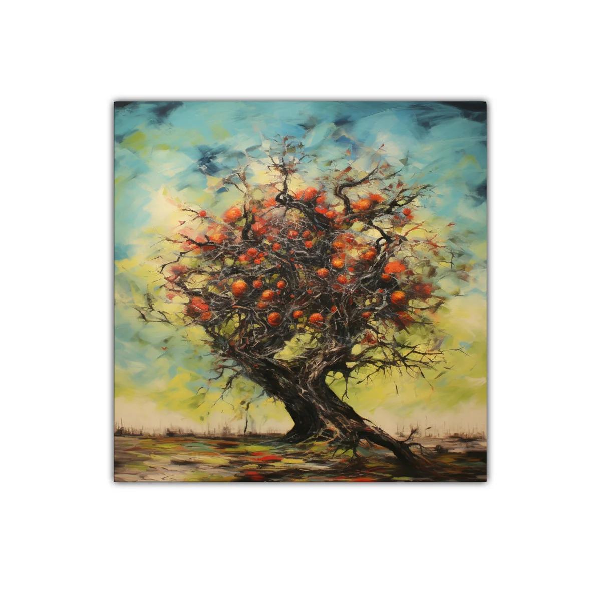 Árbol frutal con vibrantes tonos de naranja y azul