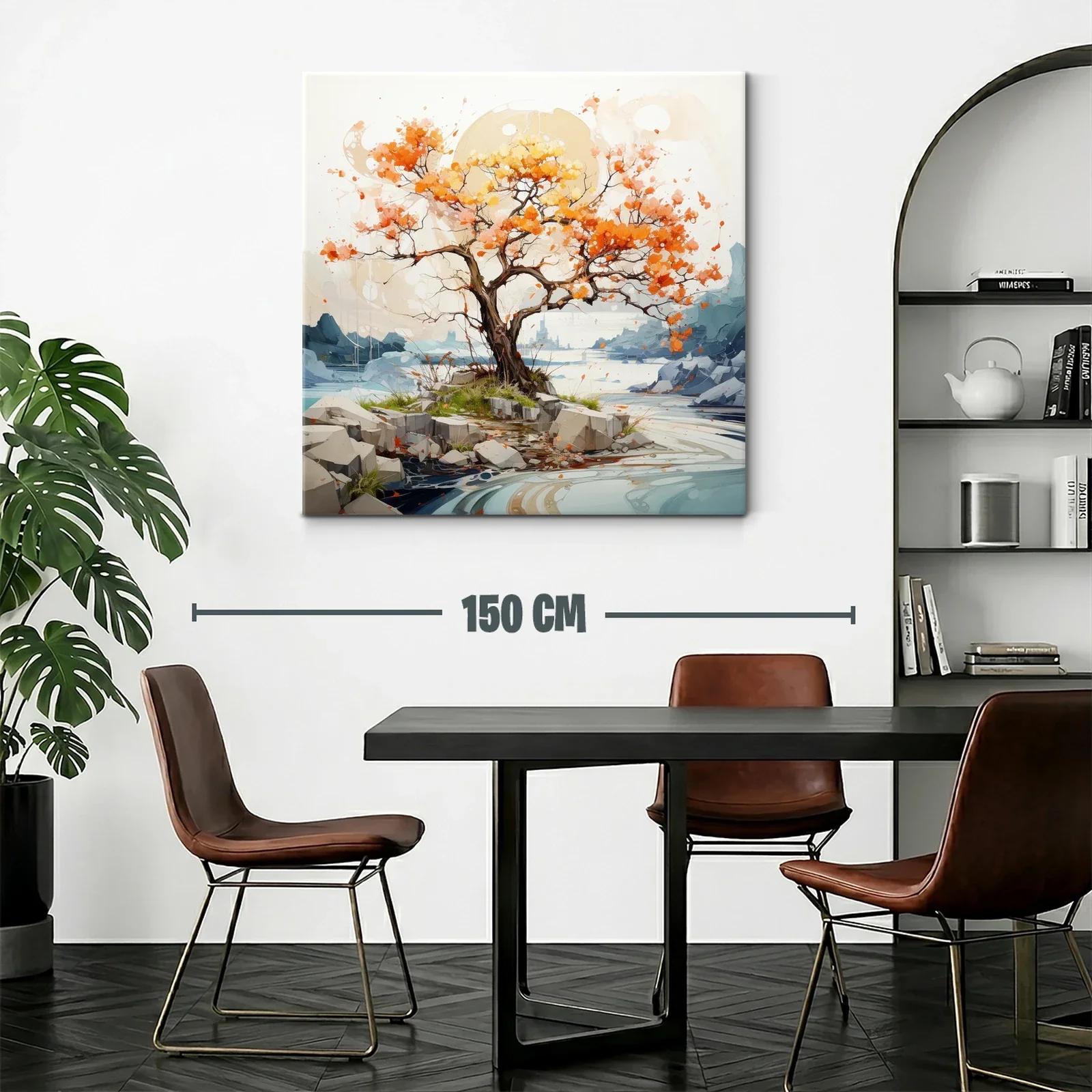 Árbol otoñal vibrante en paisaje sereno de río y rocas — miniatura 2