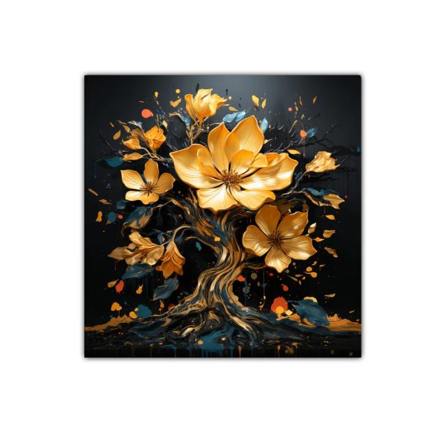 Flores doradas en árbol artístico con fondo oscuro