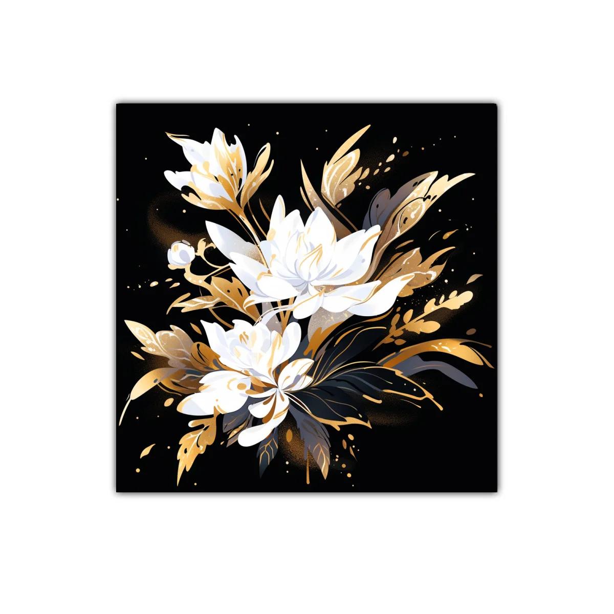 Elegancia floral en tonos dorados y blancos sobre fondo negro
