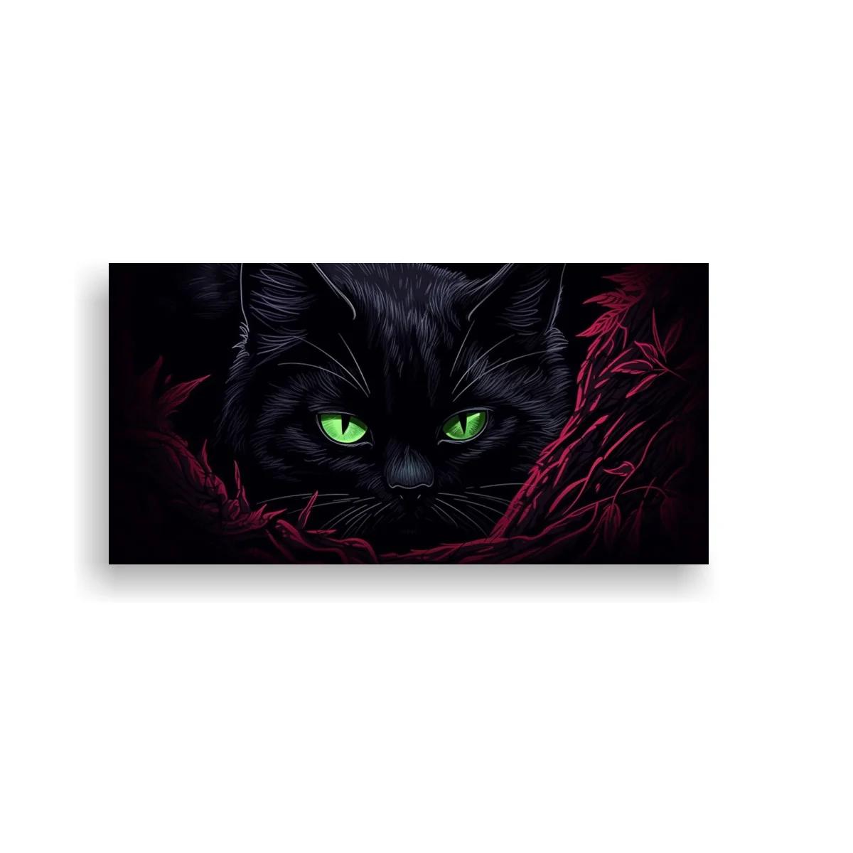 Cuadro gato negro de ojos verdes entre espinas rojizas — imagen principal