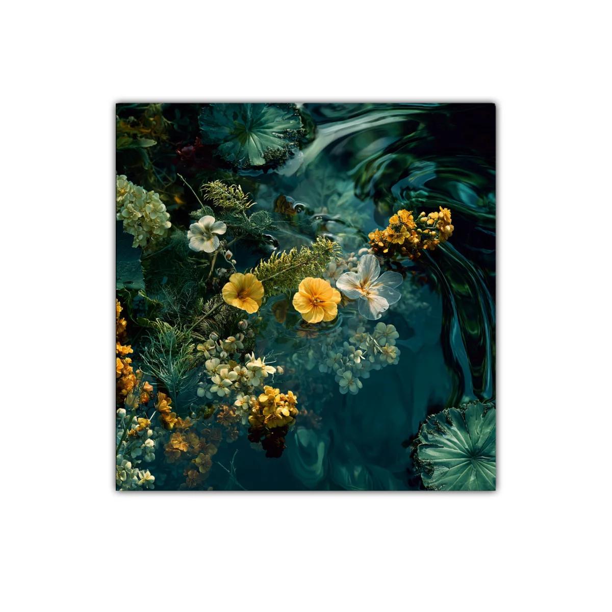 Flores flotantes en jardín acuático en tonos verdes y amarillos