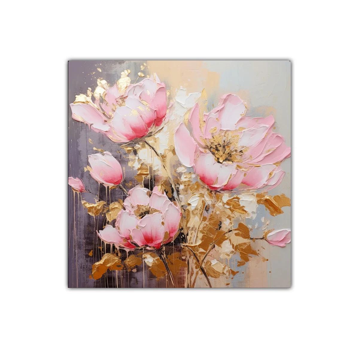 Cuadro decorativo con flores rosas y toques dorados — imagen principal