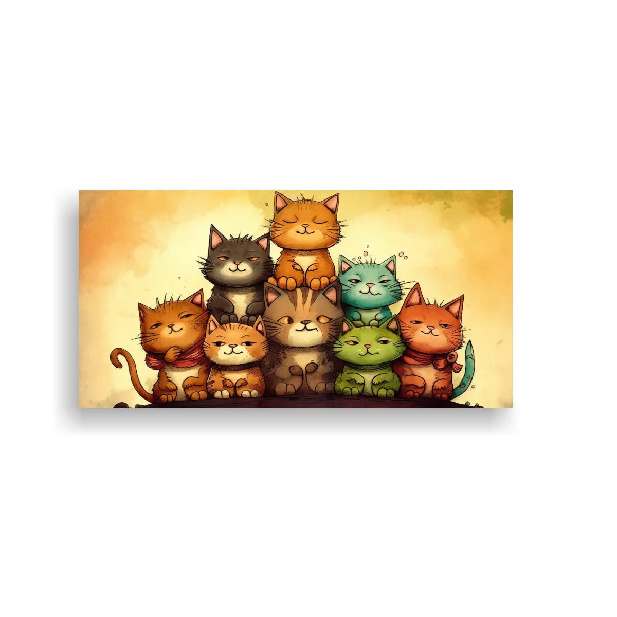 Cuadro grupo de gatos caricaturescos en filas