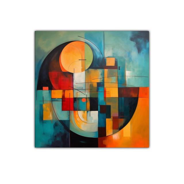 Cuadro abstracto con formas geométricas en tonos cálidos y fríos