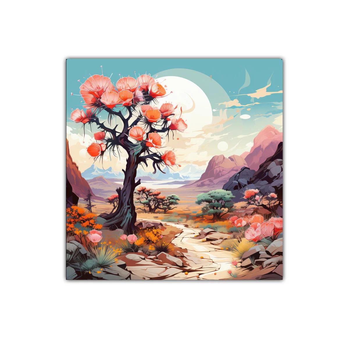 Paisaje onírico con árbol de flores coral en valle montañoso — imagen principal