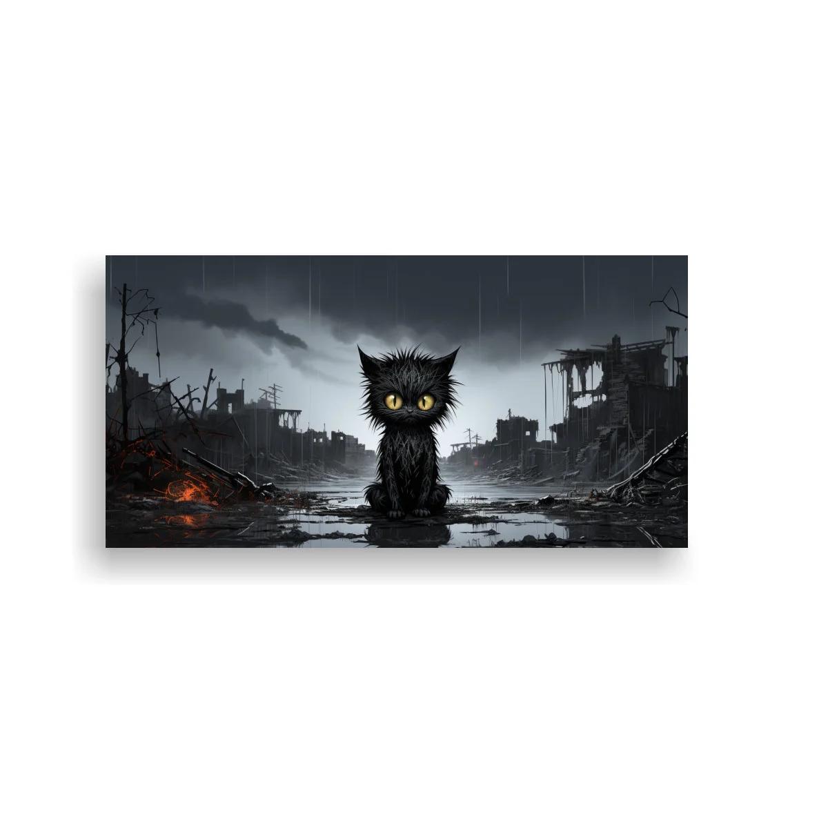 Cuadro gato negro de ojos amarillos en calle bajo la lluvia