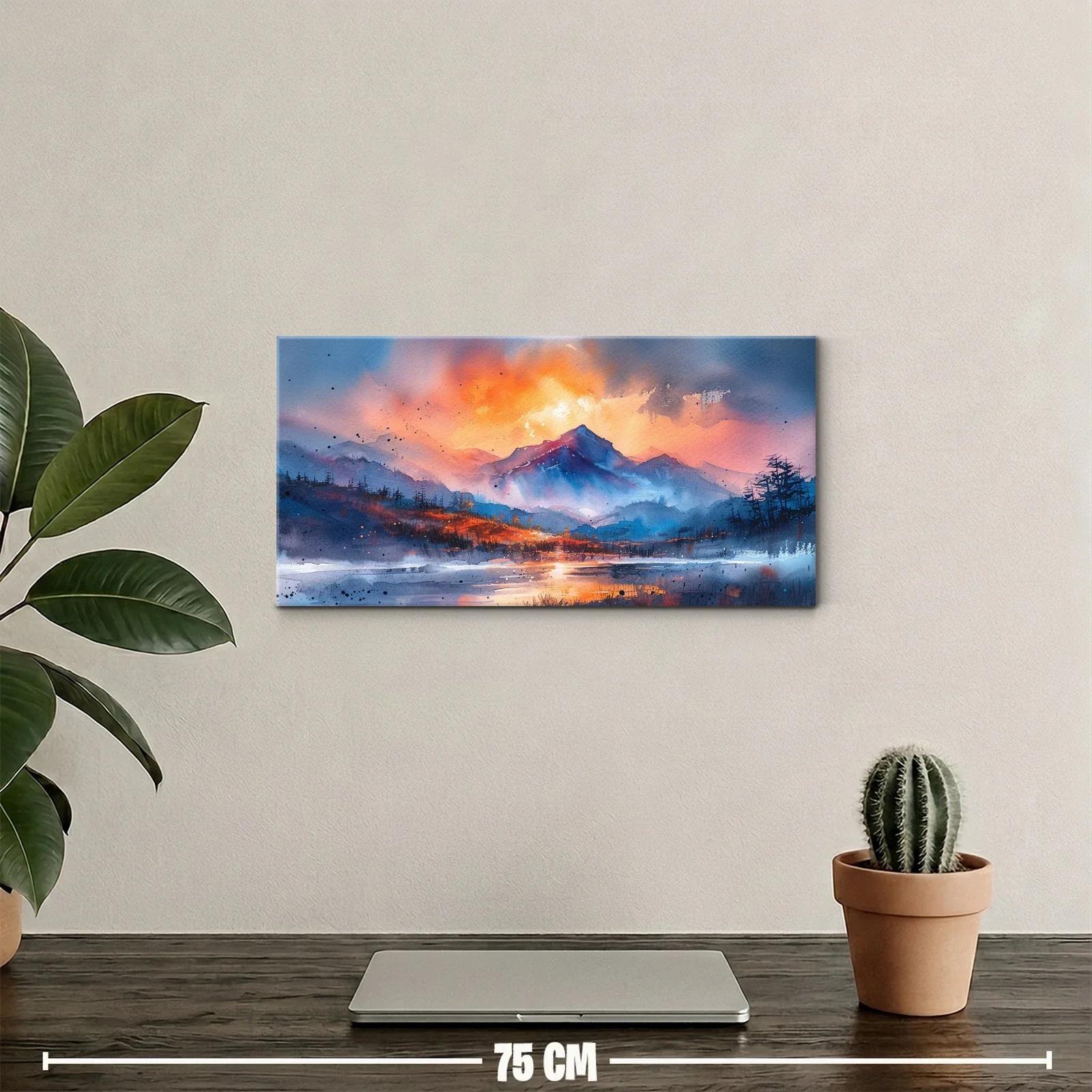 Cuadro paisaje de montaña al atardecer con reflejo en el agua — miniatura 2