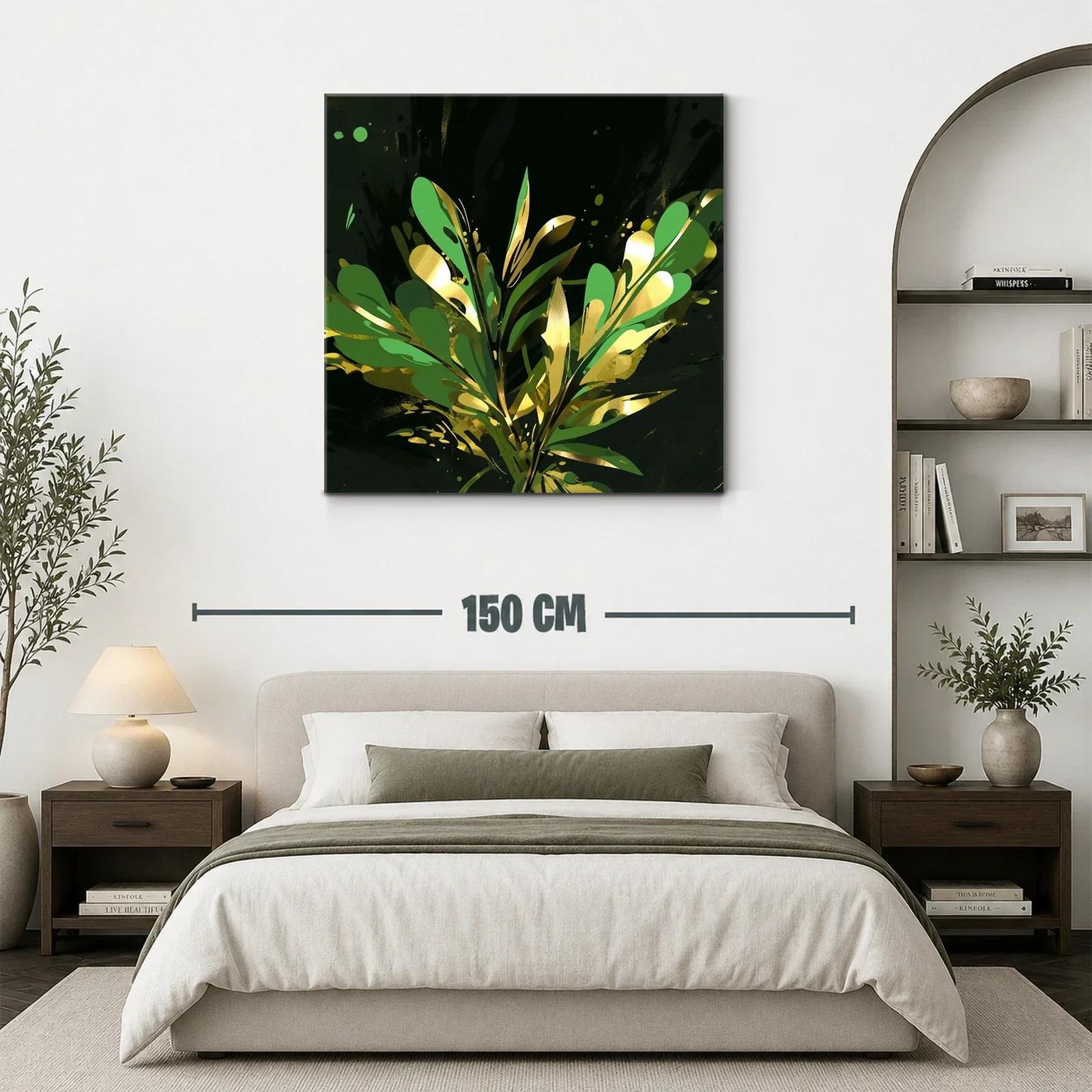 Cuadro abstracto con motivos vegetales dorados y verdes — miniatura 3